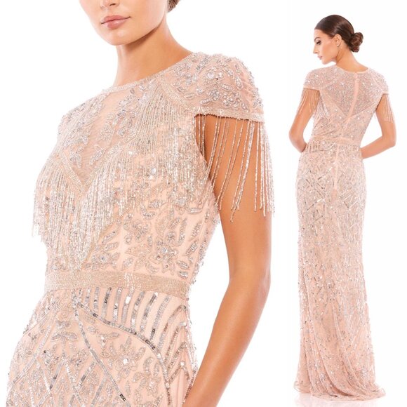 MAC DUGGAL EMBELLISHED FRINGE CAP SLEEVE TRUMPET GOWN - Picture 1 of 3